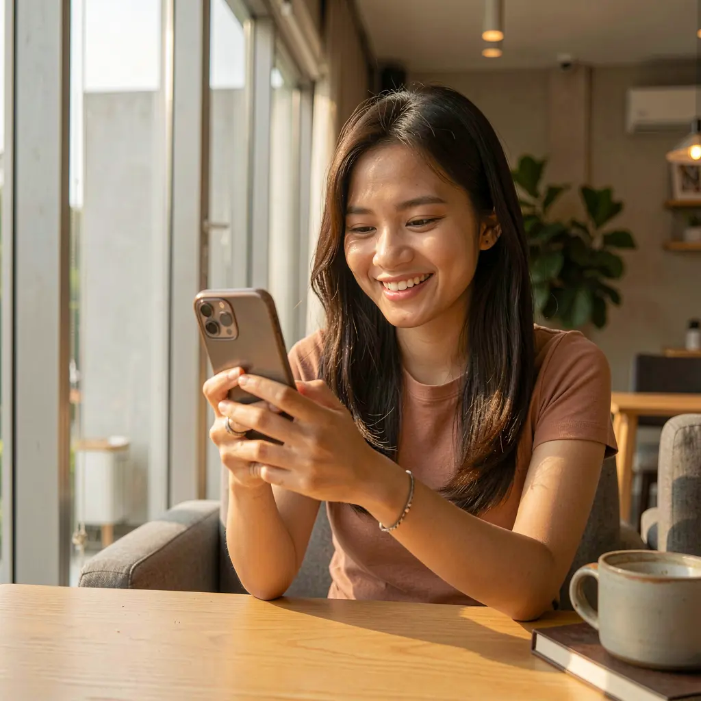 WULIWIN App – A smooth and user friendly mobile casino experience for players in the Philippines Young Filipino woman smiling while using the WULIWIN casino app on her smartphone in a bright and modern indoor setting