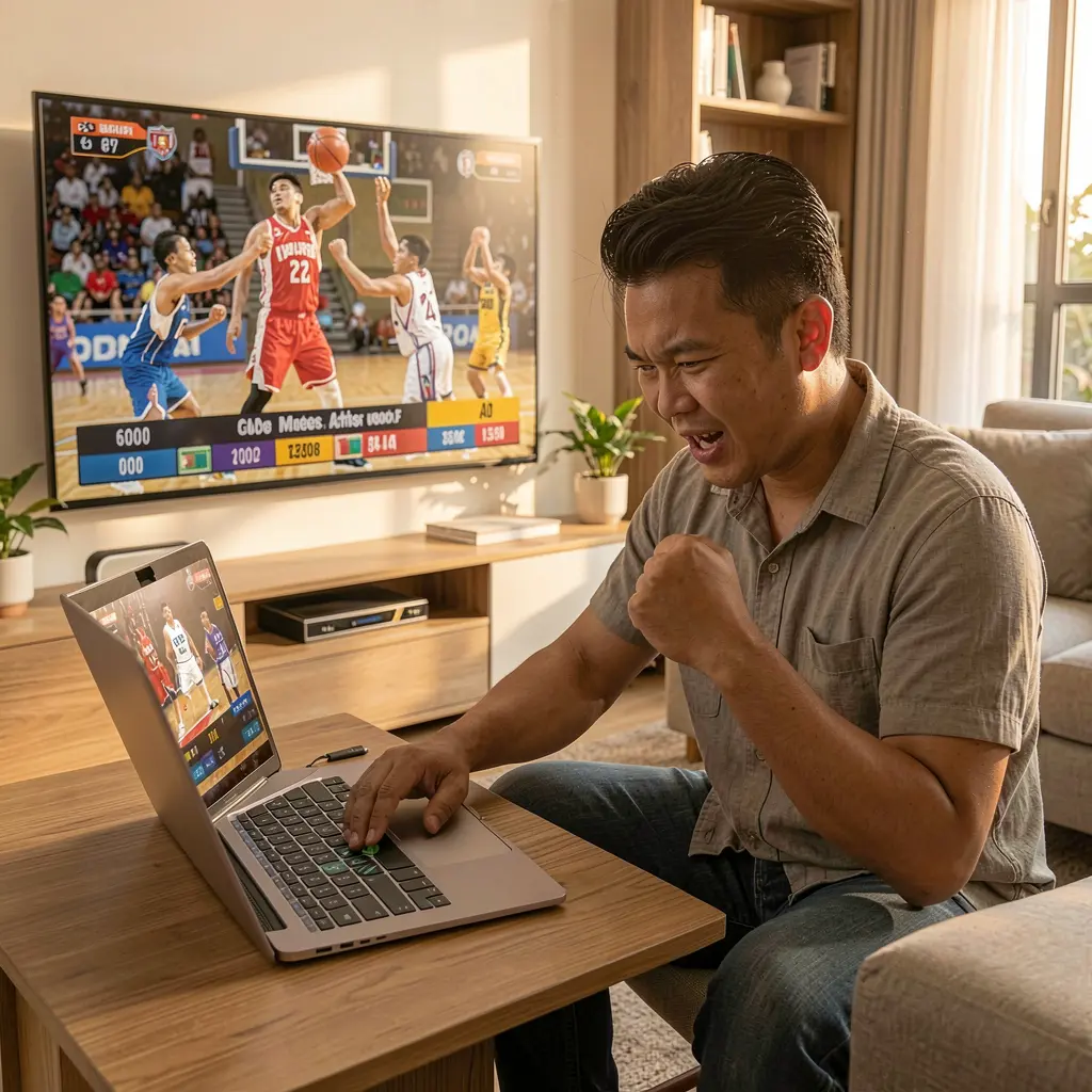 WULIWIN Bet – Experience the thrill of live sports betting in the Philippines Filipino sports fan celebrating a winning bet while using the WULIWIN platform on his laptop with a live basketball game on TV behind him