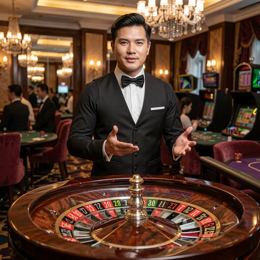WULIWIN – Enjoy authentic live dealer casino games in the Philippines Confident casino dealer standing by a roulette table in a luxury gaming hall highlighting the live casino experience at WULIWIN for players in the Philippines