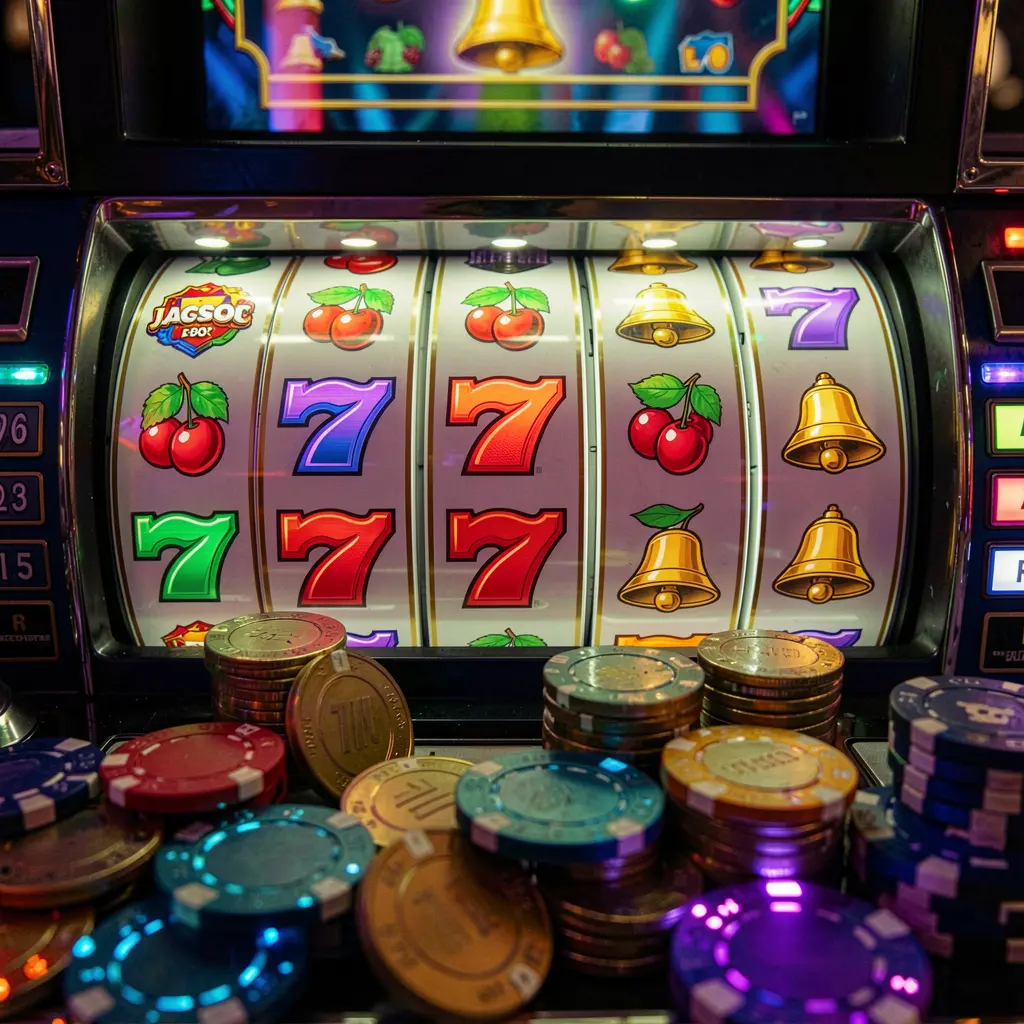 WULIWIN – Discover premium slot games with big win potential Close-up view of a modern slot machine with triple seven symbols and casino chips representing high quality online slot games on WULIWIN Philippines